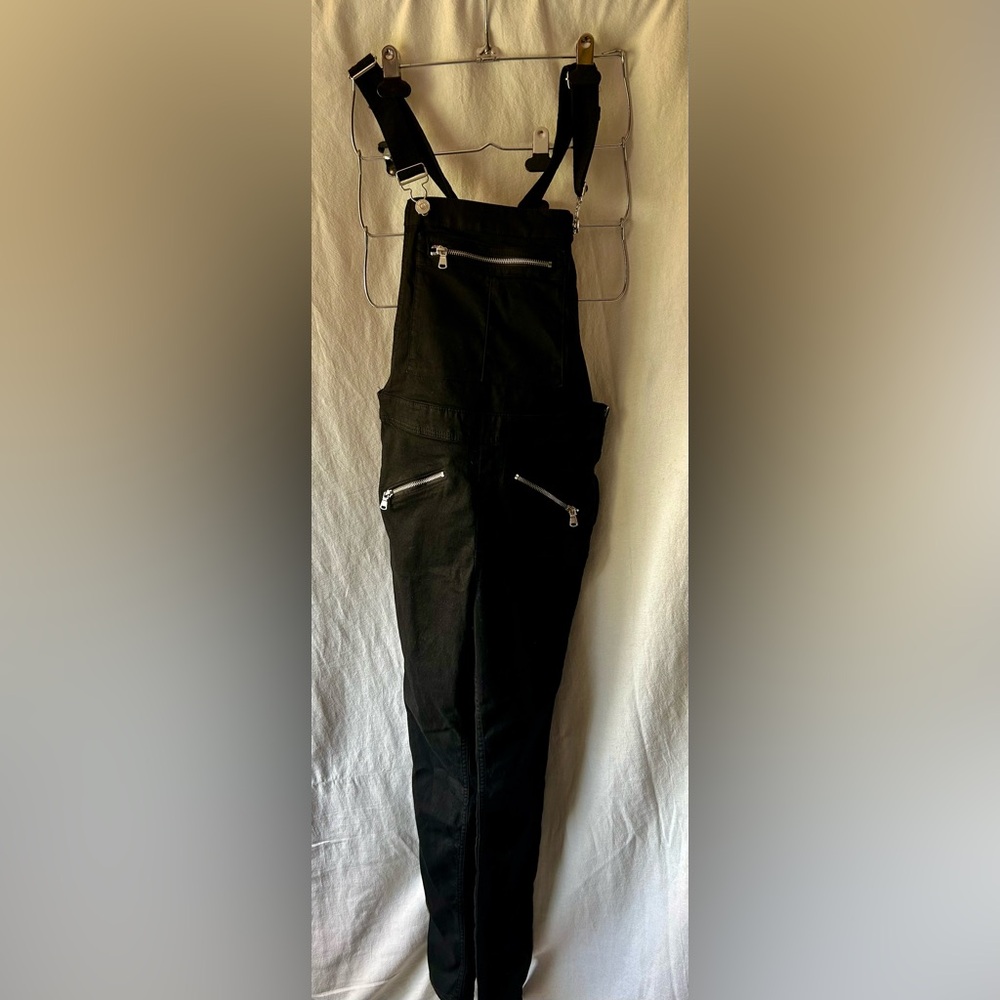 H&M Black Jumpsuit Overalls Denim Zipper Details Womens 10 Punk Skinny Leg
